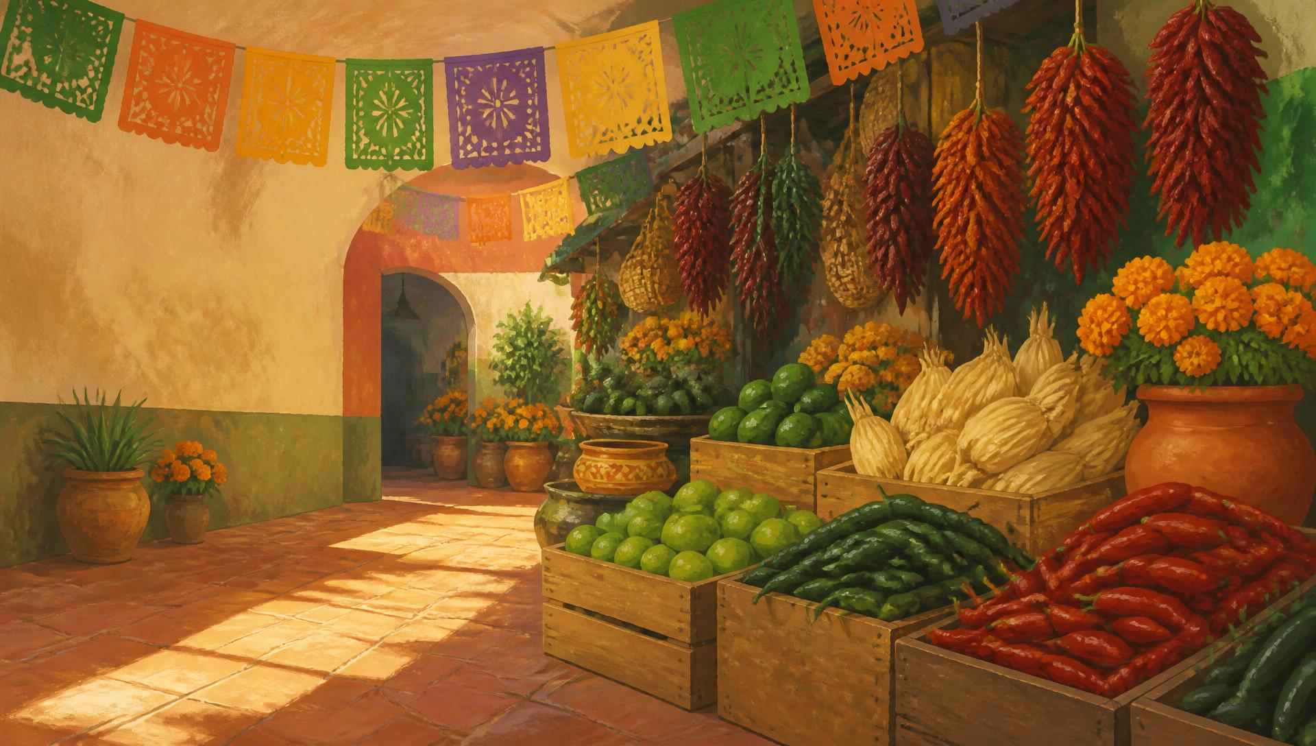 Colorful Mexican mercado aisle with chile ristras, limes and papel picado banners