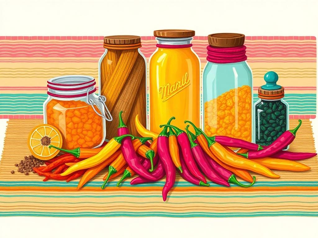 Dried chiles and spice jars on a woven textile